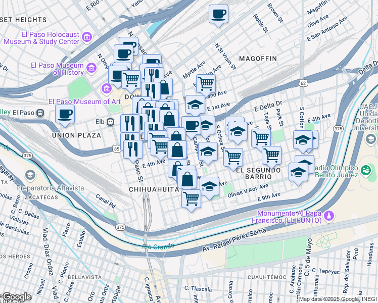 map of restaurants, bars, coffee shops, grocery stores, and more near 516 South Kansas Street in El Paso