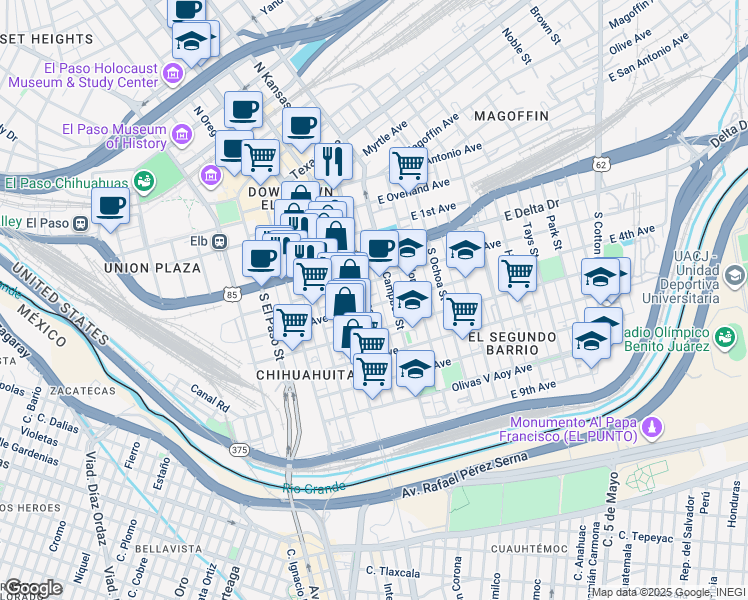 map of restaurants, bars, coffee shops, grocery stores, and more near 506 South Kansas Street in El Paso