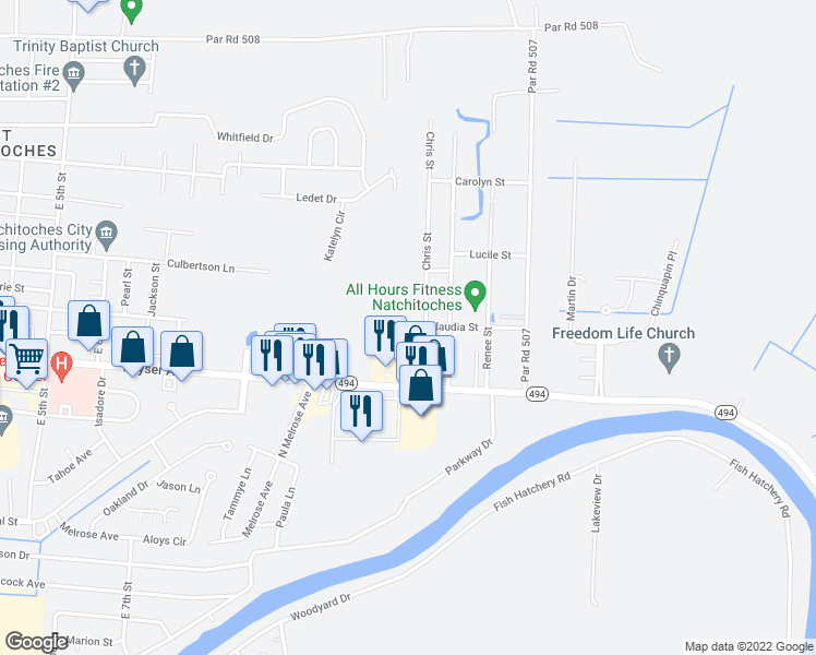 map of restaurants, bars, coffee shops, grocery stores, and more near 200 River Bend Drive in Natchitoches