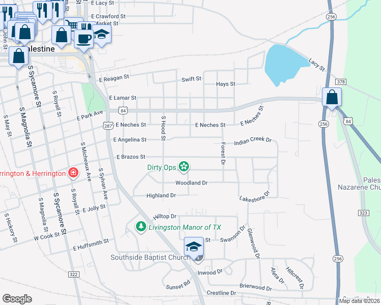 map of restaurants, bars, coffee shops, grocery stores, and more near 1007 East Brazos Street in Palestine
