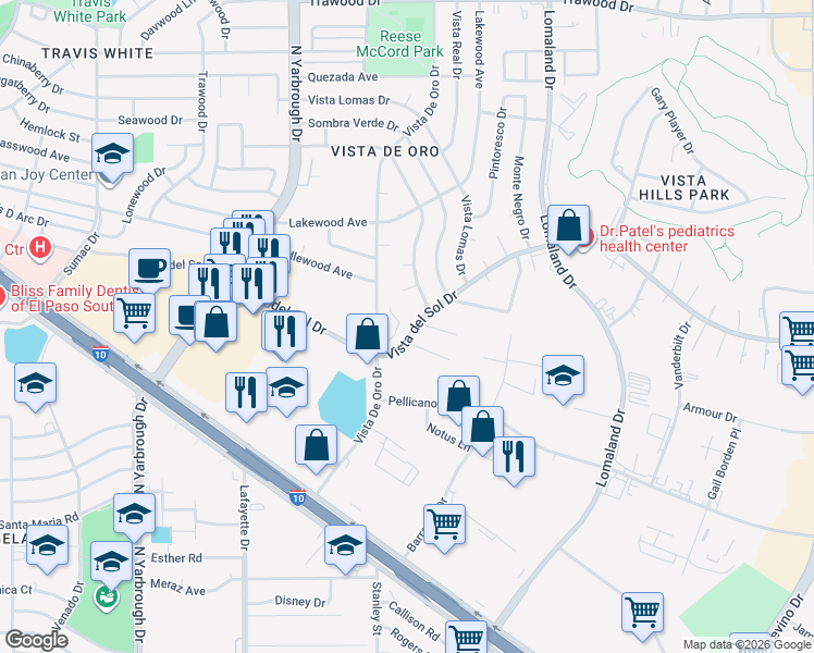 map of restaurants, bars, coffee shops, grocery stores, and more near 10785 Vista Del Sol Drive in El Paso