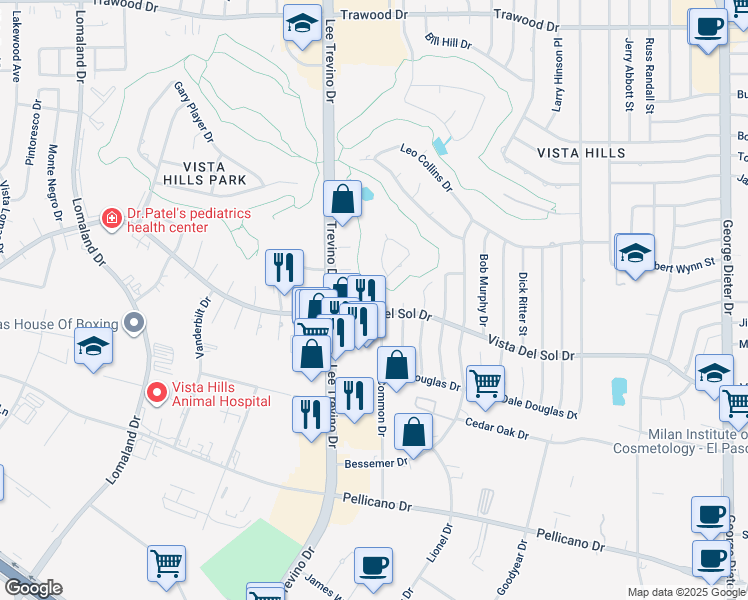 map of restaurants, bars, coffee shops, grocery stores, and more near 1605 Common Drive in El Paso