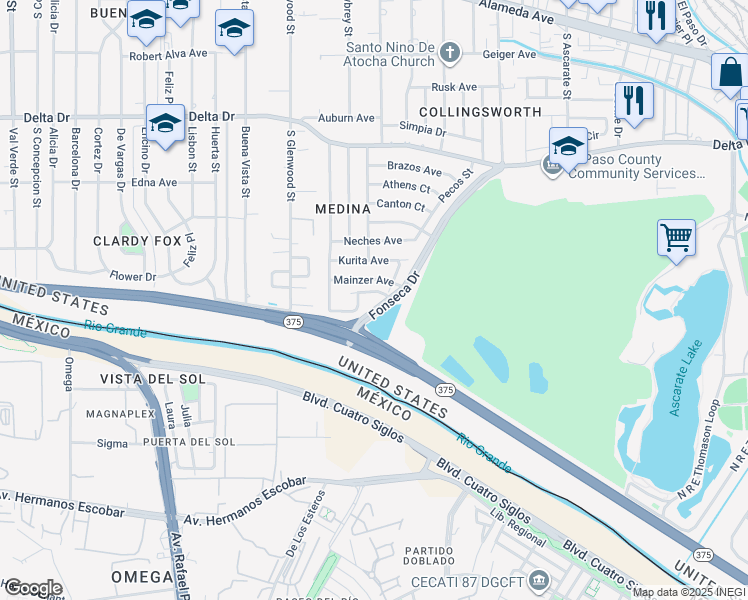 map of restaurants, bars, coffee shops, grocery stores, and more near 742 Medina Street in El Paso