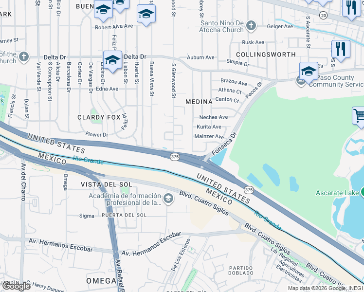 map of restaurants, bars, coffee shops, grocery stores, and more near 460 South Glenwood Street in El Paso