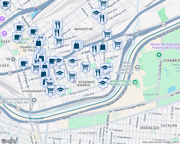 map of restaurants, bars, coffee shops, grocery stores, and more near 1200 East Father Rahm Avenue in El Paso