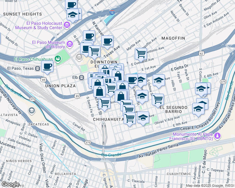 map of restaurants, bars, coffee shops, grocery stores, and more near 501 South Stanton Street in El Paso