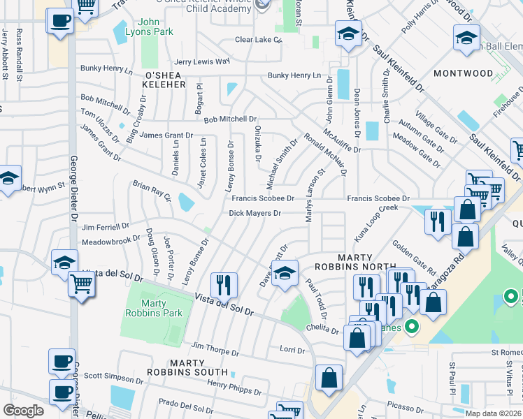 map of restaurants, bars, coffee shops, grocery stores, and more near 11656 Francis Scobee Drive in El Paso