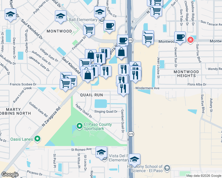 map of restaurants, bars, coffee shops, grocery stores, and more near 12133 Desert Quail Avenue in El Paso