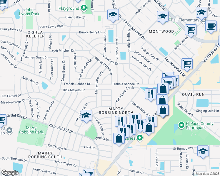 map of restaurants, bars, coffee shops, grocery stores, and more near 11845 Dick Mayers Drive in El Paso