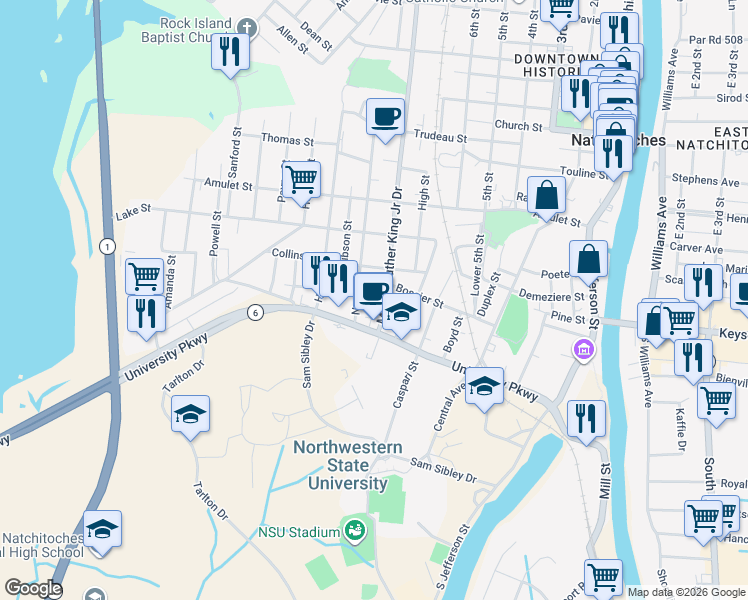 map of restaurants, bars, coffee shops, grocery stores, and more near 126 North St in Natchitoches