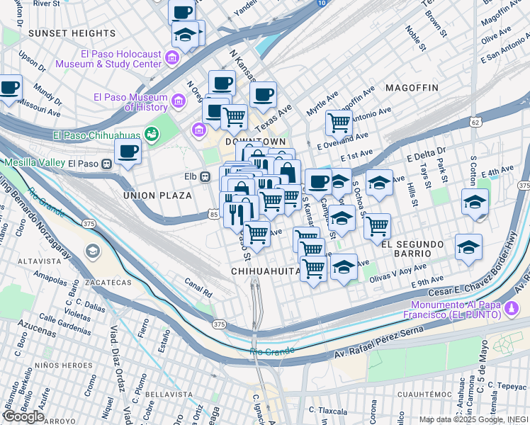 map of restaurants, bars, coffee shops, grocery stores, and more near 415 South Mesa Street in El Paso