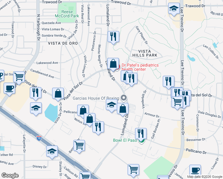 map of restaurants, bars, coffee shops, grocery stores, and more near 1501 Lomaland Drive in El Paso