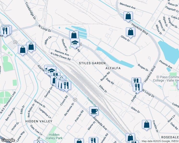 map of restaurants, bars, coffee shops, grocery stores, and more near 7141 Stiles Drive in El Paso