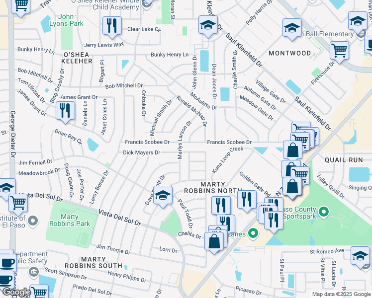 map of restaurants, bars, coffee shops, grocery stores, and more near 11809 Dick Mayers Drive in El Paso