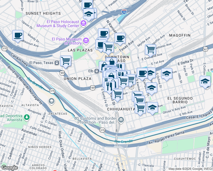 map of restaurants, bars, coffee shops, grocery stores, and more near 331 South Santa Fe Street in El Paso