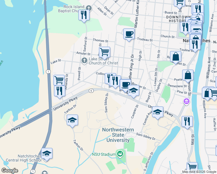 map of restaurants, bars, coffee shops, grocery stores, and more near 125 Howell Street in Natchitoches
