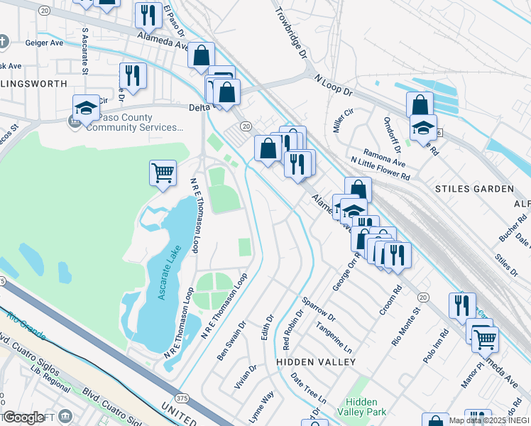map of restaurants, bars, coffee shops, grocery stores, and more near 131 Ben Swain Drive in El Paso