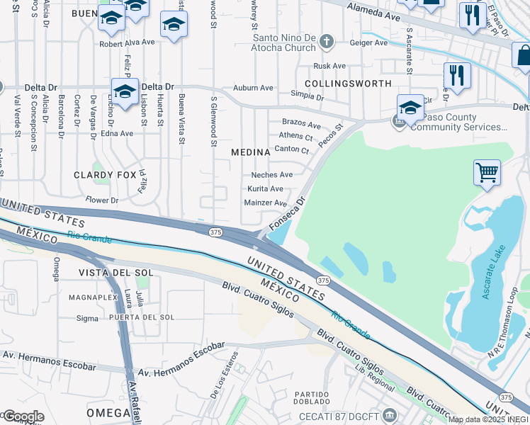 map of restaurants, bars, coffee shops, grocery stores, and more near 742 Medina Street in El Paso