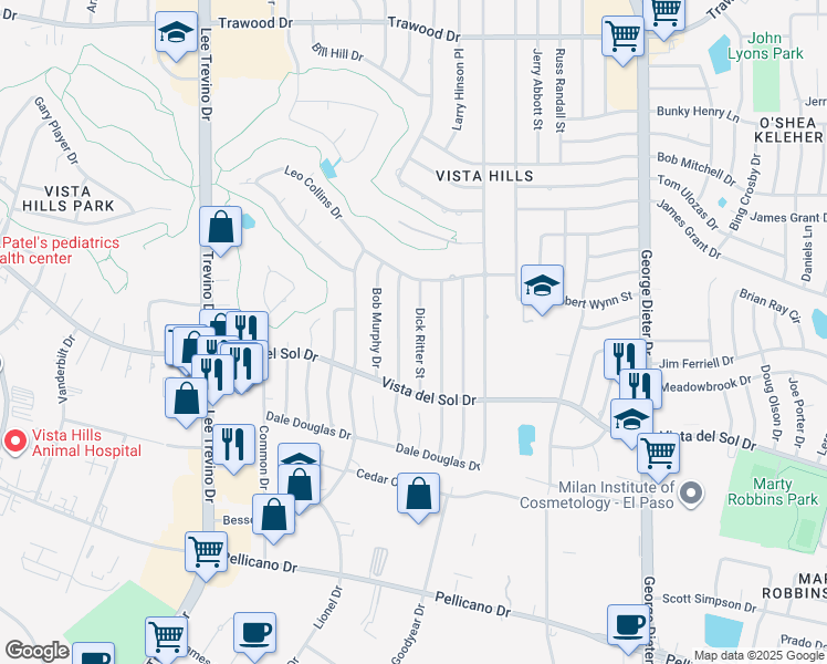 map of restaurants, bars, coffee shops, grocery stores, and more near 1637 Dick Ritter Street in El Paso