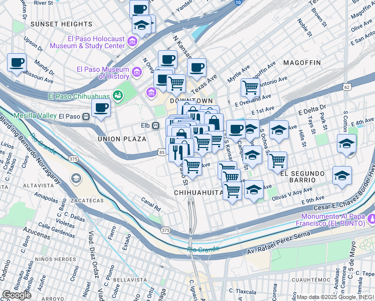 map of restaurants, bars, coffee shops, grocery stores, and more near 415 South Mesa Street in El Paso