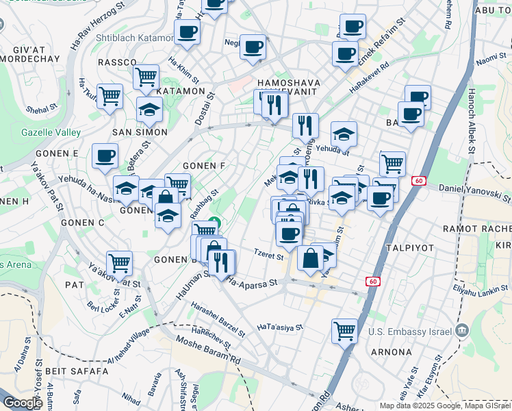 map of restaurants, bars, coffee shops, grocery stores, and more near Mekor Haim Street in Jerusalem