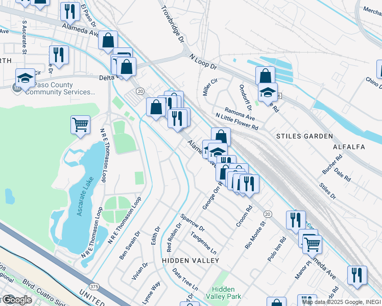 map of restaurants, bars, coffee shops, grocery stores, and more near 105 Abraham Court in El Paso