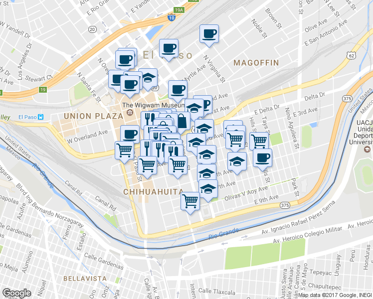 map of restaurants, bars, coffee shops, grocery stores, and more near 506 South Kansas Street in El Paso
