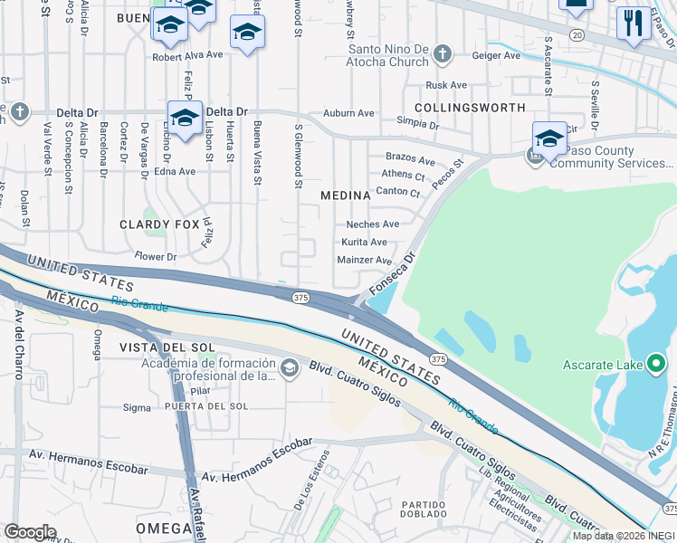 map of restaurants, bars, coffee shops, grocery stores, and more near 608 Medina Street in El Paso