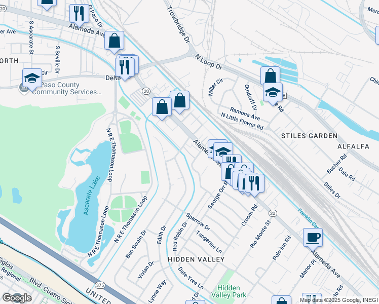 map of restaurants, bars, coffee shops, grocery stores, and more near 105 Abraham Court in El Paso