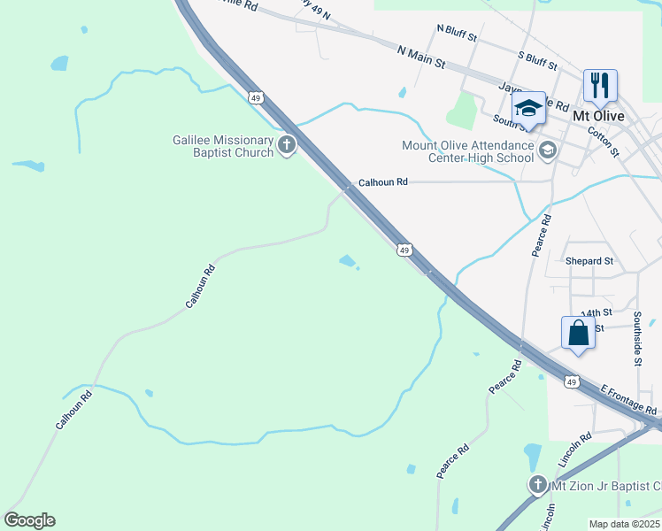 map of restaurants, bars, coffee shops, grocery stores, and more near 236-298 Calhoun Road in Mount Olive