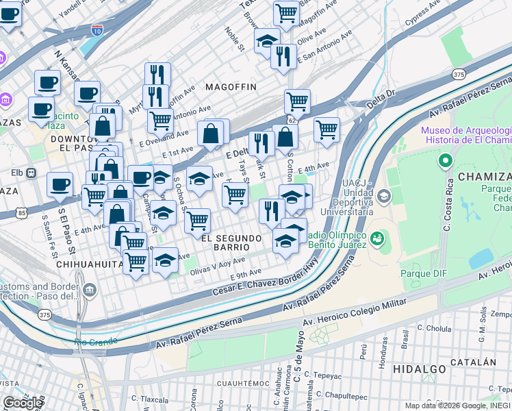 map of restaurants, bars, coffee shops, grocery stores, and more near 1200 East Father Rahm Avenue in El Paso