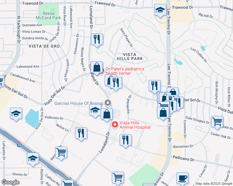 map of restaurants, bars, coffee shops, grocery stores, and more near 1510 Bengal Drive in El Paso