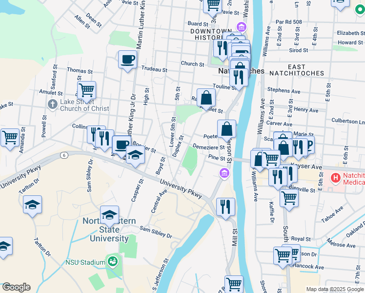 map of restaurants, bars, coffee shops, grocery stores, and more near 236 2nd Street in Natchitoches