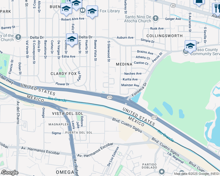 map of restaurants, bars, coffee shops, grocery stores, and more near 460 South Glenwood Street in El Paso