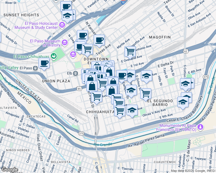 map of restaurants, bars, coffee shops, grocery stores, and more near 421 South Stanton Street in El Paso