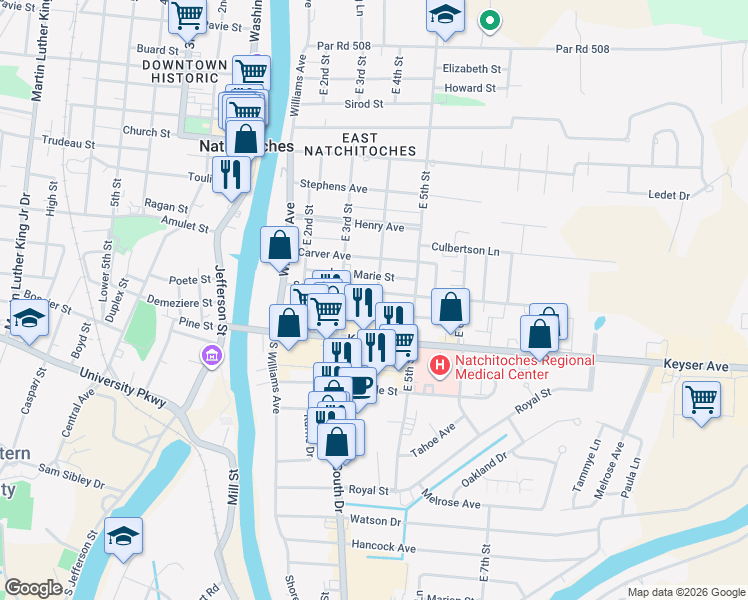 map of restaurants, bars, coffee shops, grocery stores, and more near 339 Keegan Drive in Natchitoches