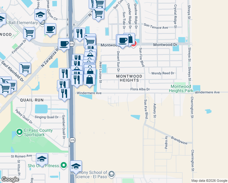 map of restaurants, bars, coffee shops, grocery stores, and more near 12352 Flora Alba Drive in El Paso