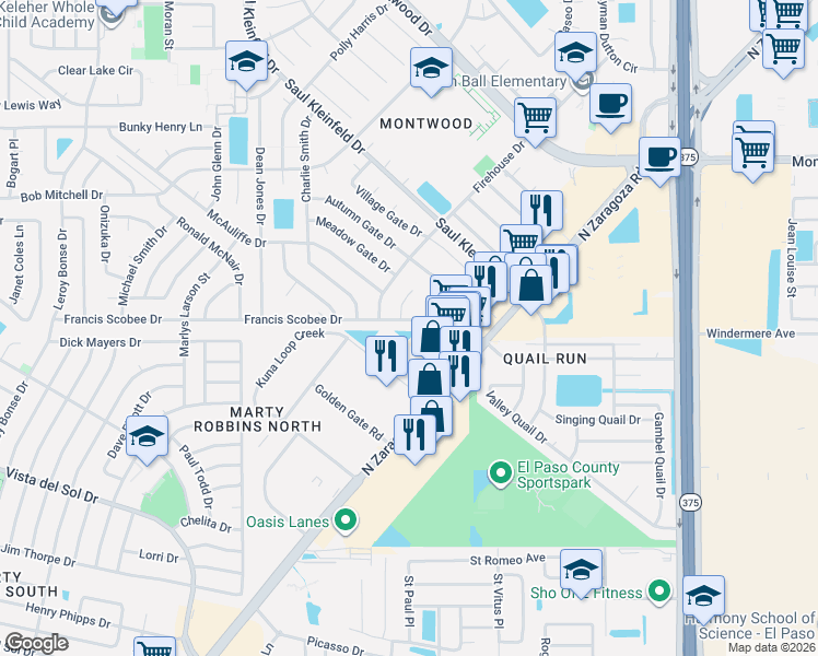 map of restaurants, bars, coffee shops, grocery stores, and more near 11960 Francis Scobee Drive in El Paso