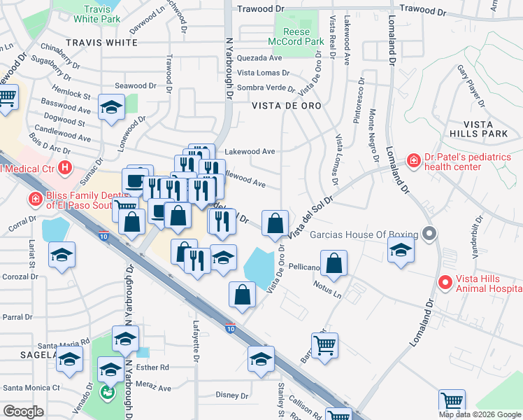 map of restaurants, bars, coffee shops, grocery stores, and more near 10701 Vista Del Sol Drive in El Paso