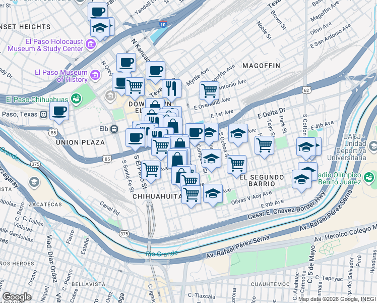 map of restaurants, bars, coffee shops, grocery stores, and more near 506 South Kansas Street in El Paso