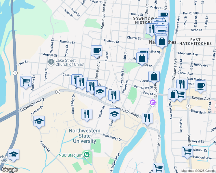 map of restaurants, bars, coffee shops, grocery stores, and more near 700-716 Bossier Street in Natchitoches