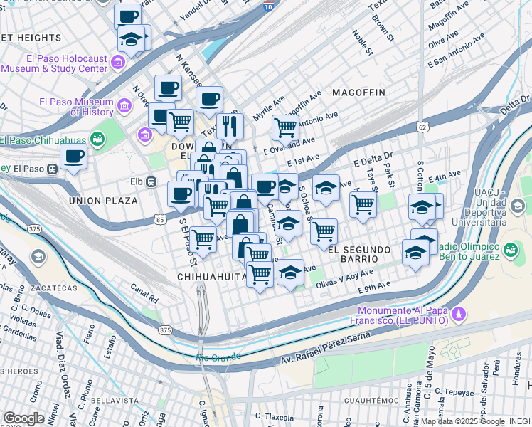 map of restaurants, bars, coffee shops, grocery stores, and more near 501 South Campbell Street in El Paso