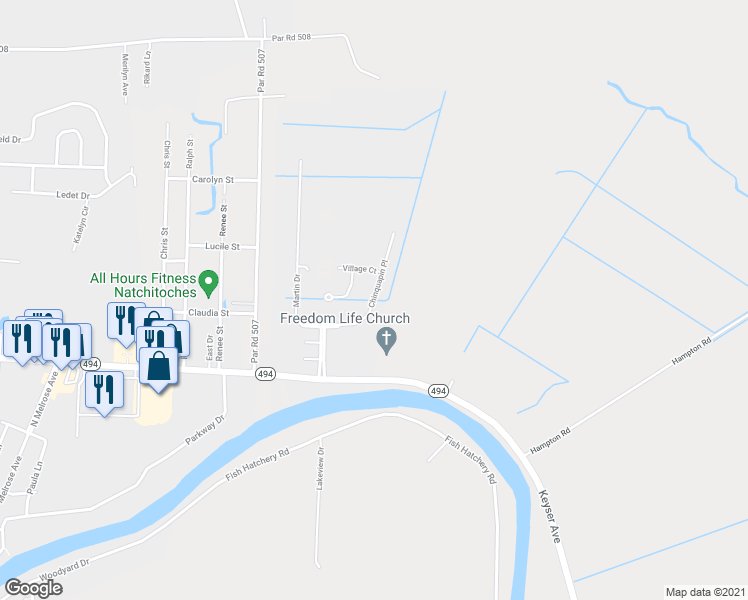 map of restaurants, bars, coffee shops, grocery stores, and more near 142 Chinquapin Place in Natchitoches