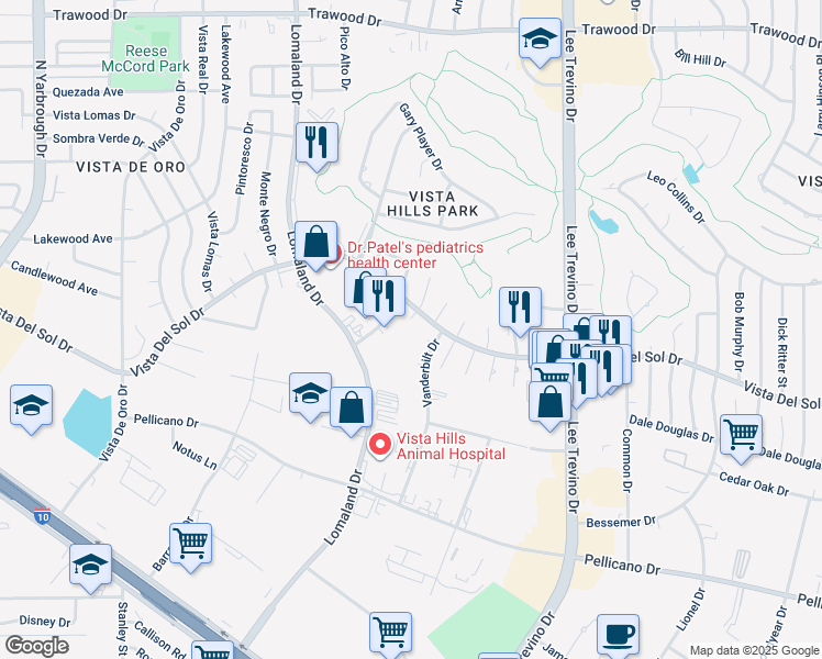 map of restaurants, bars, coffee shops, grocery stores, and more near 1549 Vanderbilt Drive in El Paso