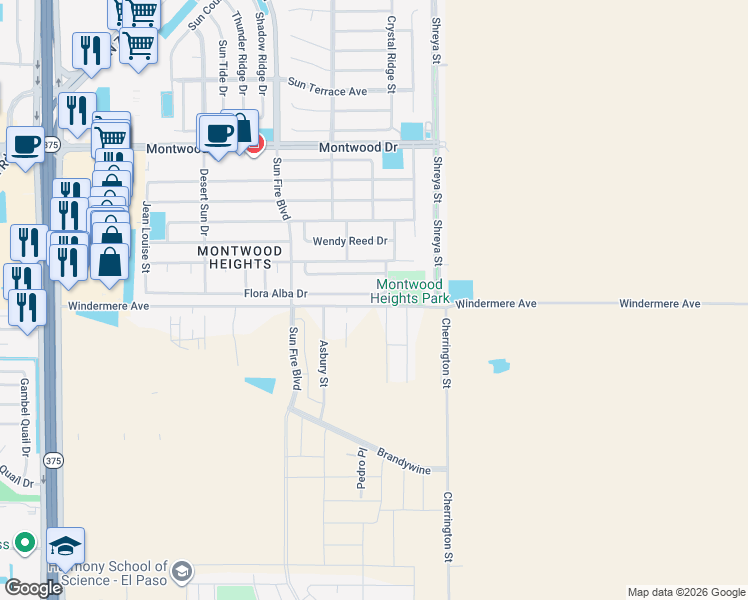 map of restaurants, bars, coffee shops, grocery stores, and more near 12576 Flora Alba Drive in El Paso