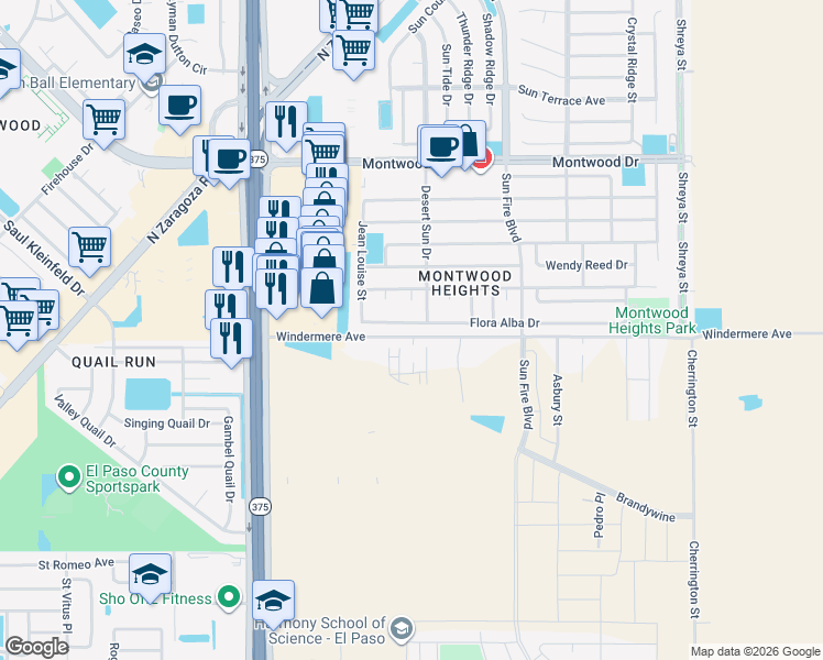 map of restaurants, bars, coffee shops, grocery stores, and more near 12352 Flora Alba Drive in El Paso