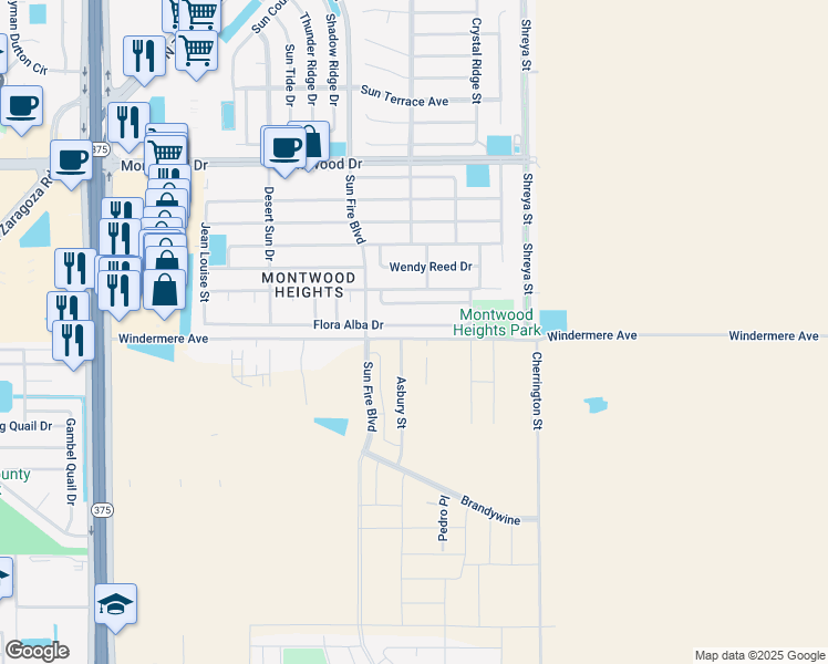 map of restaurants, bars, coffee shops, grocery stores, and more near 12528 Flora Alba Drive in El Paso