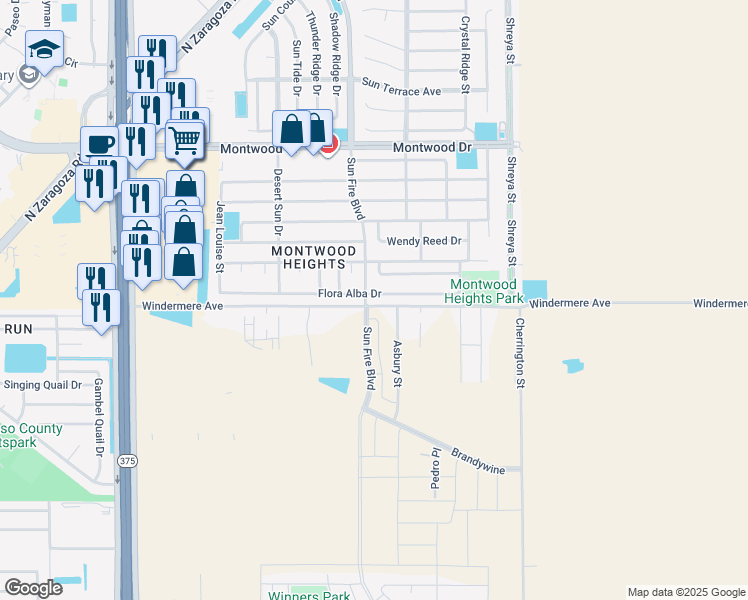 map of restaurants, bars, coffee shops, grocery stores, and more near 12484 Flora Alba Drive in El Paso