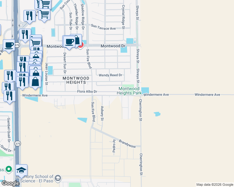 map of restaurants, bars, coffee shops, grocery stores, and more near 12572 Flora Alba Drive in El Paso