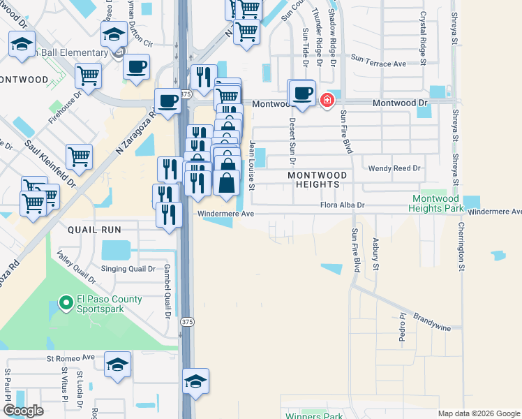 map of restaurants, bars, coffee shops, grocery stores, and more near 12316 Flora Alba Drive in El Paso